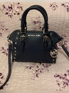 Michael Kors Navy Pebbled Leather Studded Satchel with MK Charm